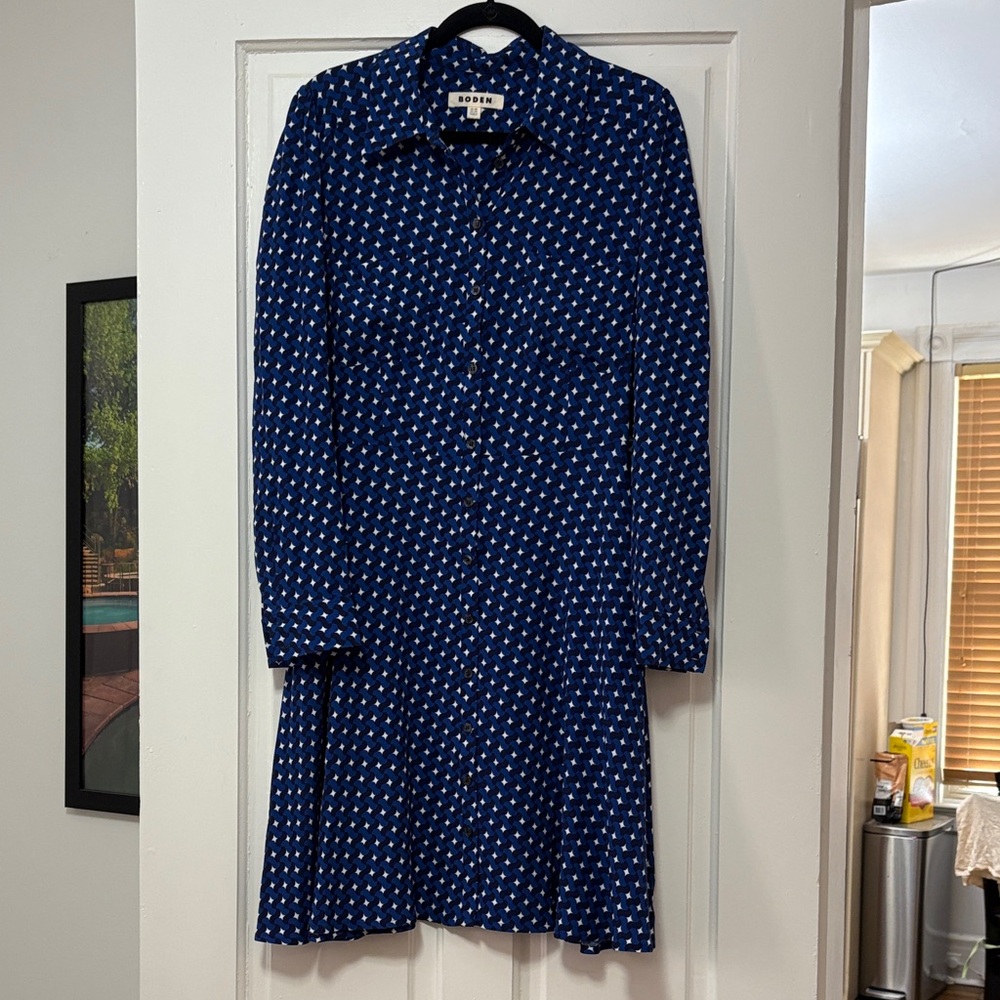 Boden Blue and White Long Sleeve Dress